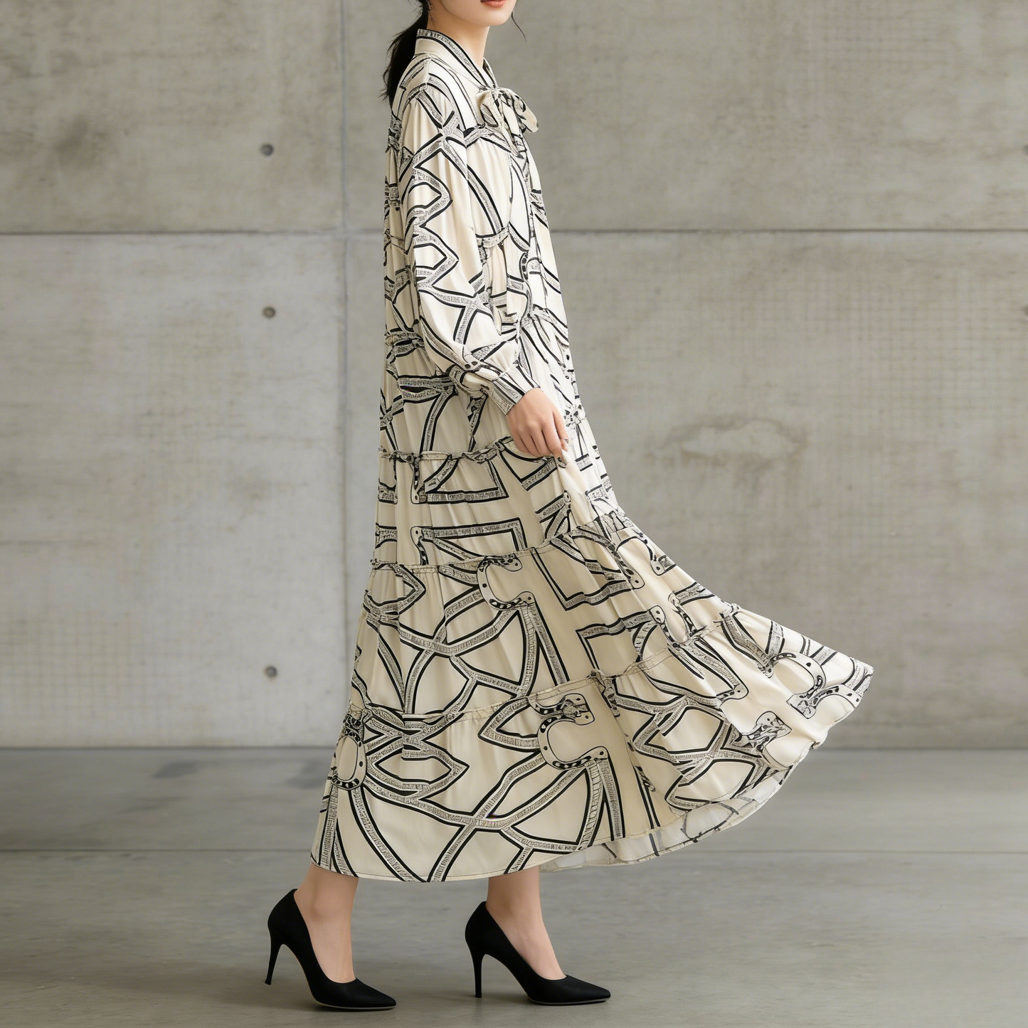 【ワンピース】プリントVネック お腹周りカバー フリル 長袖 ワンピース 【SHシリーズ】