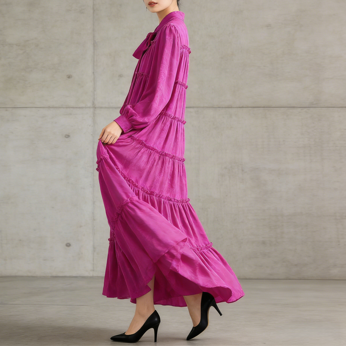 【ワンピース】プリントVネック お腹周りカバー フリル 長袖 ワンピース 【SHシリーズ】