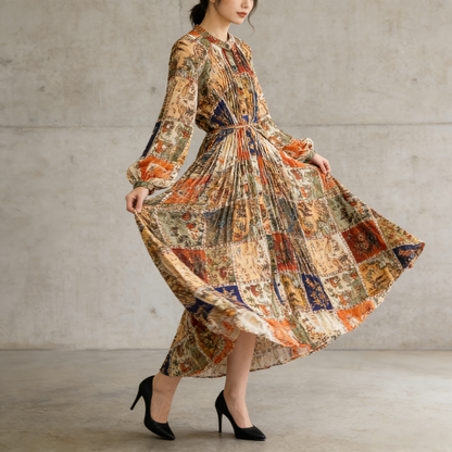 【ワンピース】ラウンドネック サテン プリント プリーツ 長袖 ワンピース 【SHシリーズ】