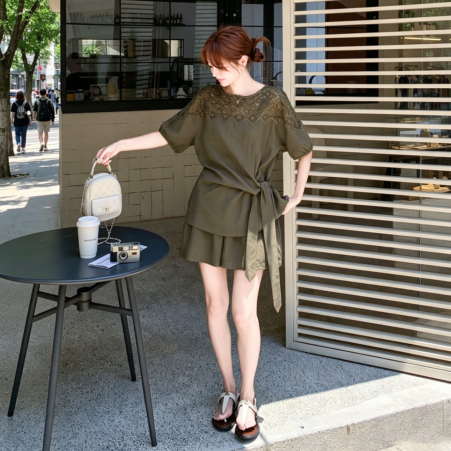 2点セット！【セットアップ】デザイン感 リボン レース 切り替え 夏 かわいい こなれ感 シャツ ショートパンツ 上下セット【JZシリーズ】