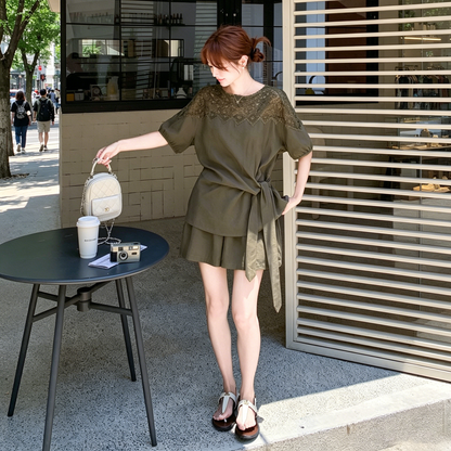 2点セット！【セットアップ】デザイン感 リボン レース 切り替え 夏 かわいい こなれ感 シャツ ショートパンツ 上下セット【JZシリーズ】
