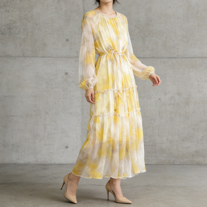 【ワンピース】長袖 ラウンドネック ウエストマーク Aライン 絞り染めプリント ロングワンピース リゾート 海辺 フレアワンピース【SHシリーズ】