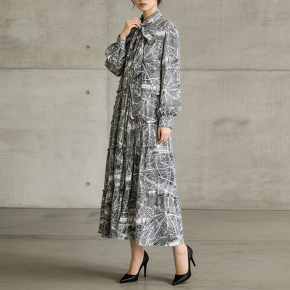 【ワンピース】プリントVネック お腹周りカバー フリル 長袖 ワンピース 【SHシリーズ】