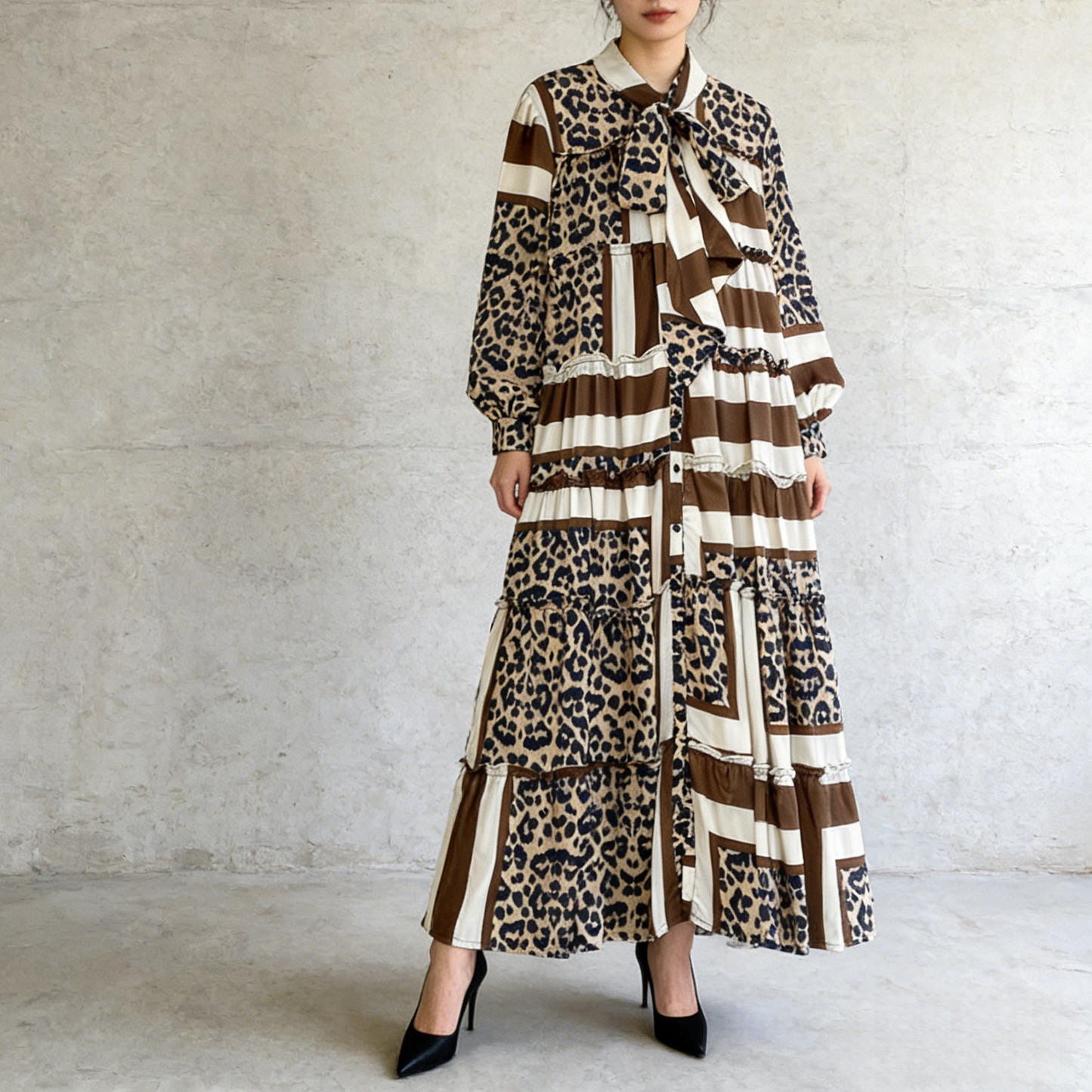 【ワンピース】プリントVネック お腹周りカバー フリル 長袖 ワンピース 【SHシリーズ】