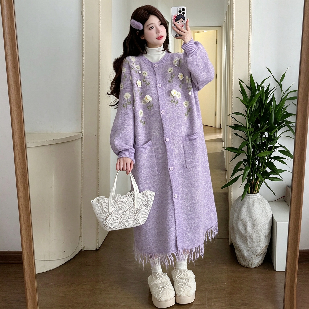 【ワンピース】花柄ニットロングワンピース レディース 2026秋冬新作 厚手 リラックスシルエット フリンジデザイン【JZシリーズ】