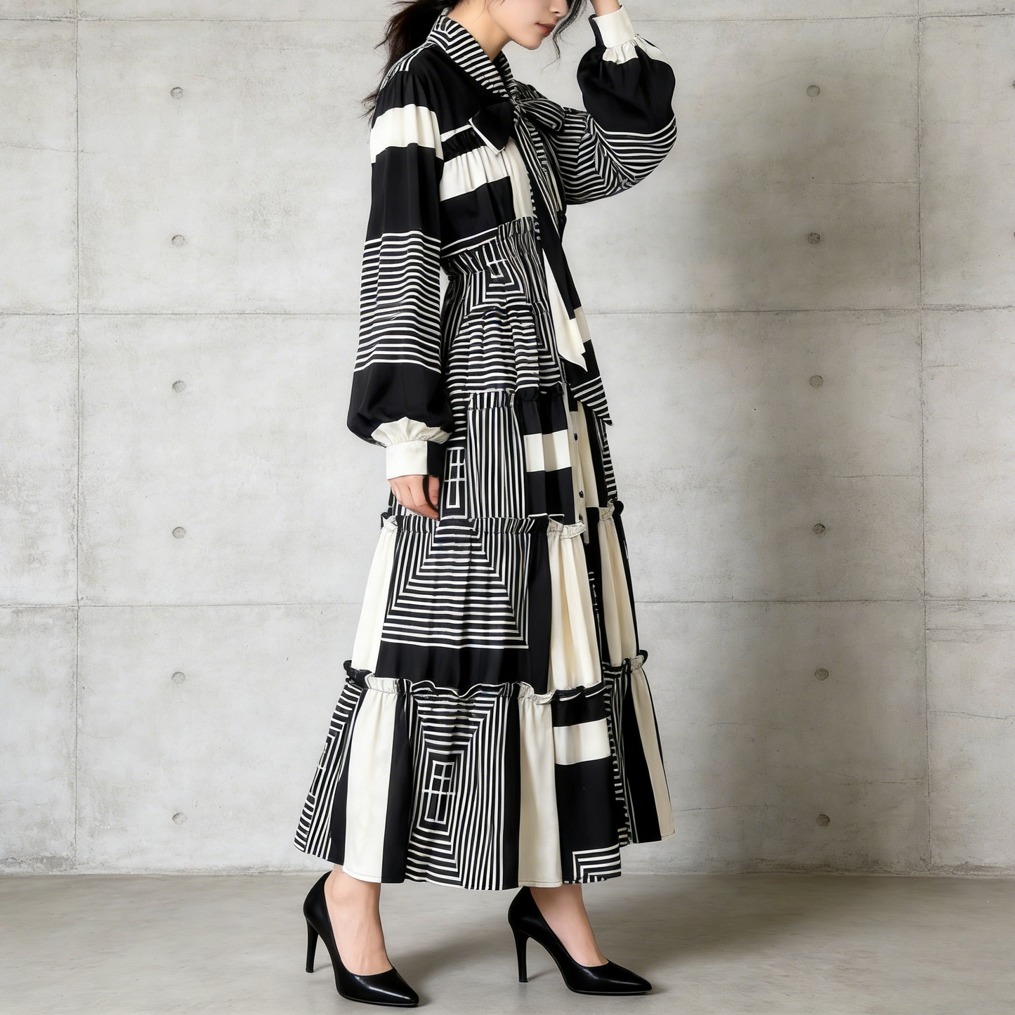 【ワンピース】シングルボタン プリント レディライク フレア 長袖 ワンピース 【SHシリーズ】