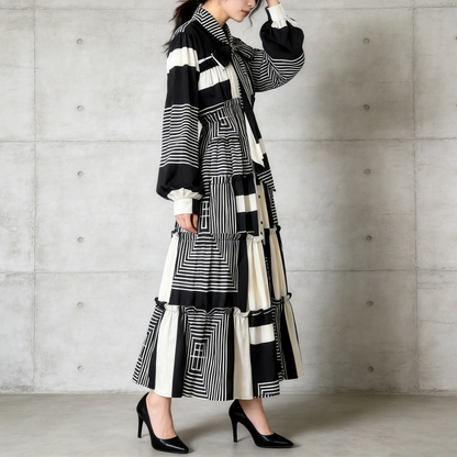 【ワンピース】シングルボタン プリント レディライク フレア 長袖 ワンピース 【SHシリーズ】