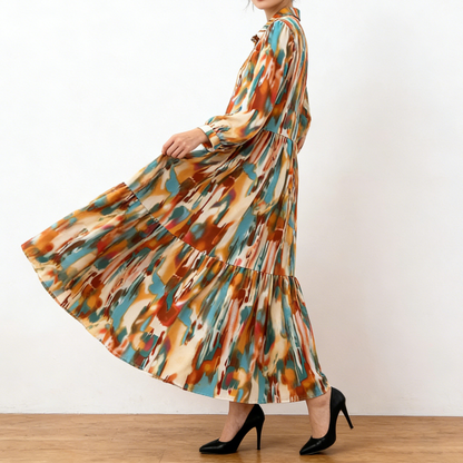 4カラー【ワンピース】個性派 グラデーション柄 長袖 ゆったりシルエット 体型カバー Aライン フレア シャツワンピース レディース ワンピース【SHシリーズ】