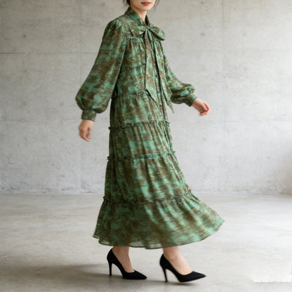【ワンピース】プリントVネック お腹周りカバー フリル 長袖 ワンピース 【SHシリーズ】
