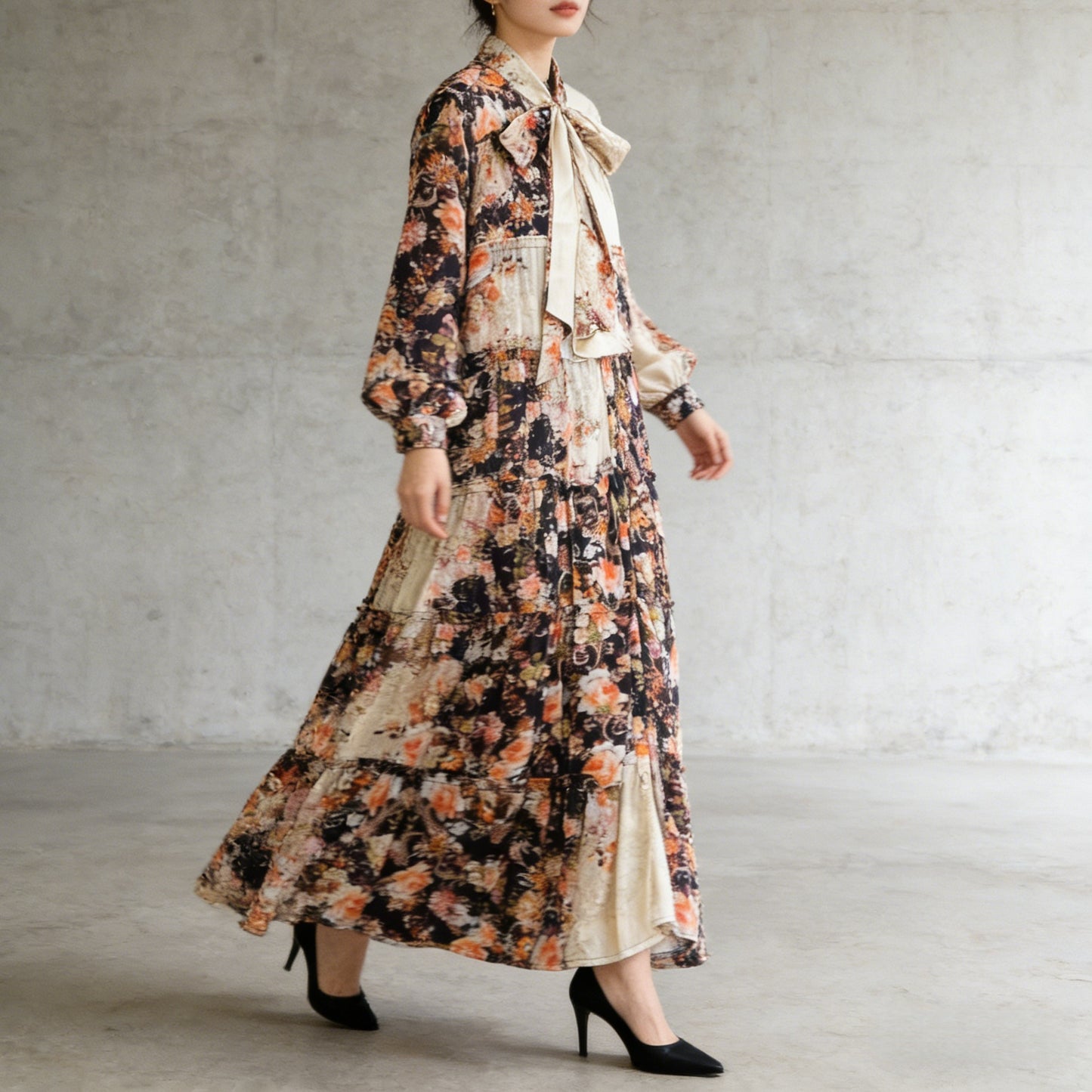 【ワンピース】プリントVネック お腹周りカバー フリル 長袖 ワンピース 【SHシリーズ】