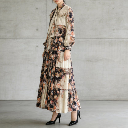 【ワンピース】プリントVネック お腹周りカバー フリル 長袖 ワンピース 【SHシリーズ】