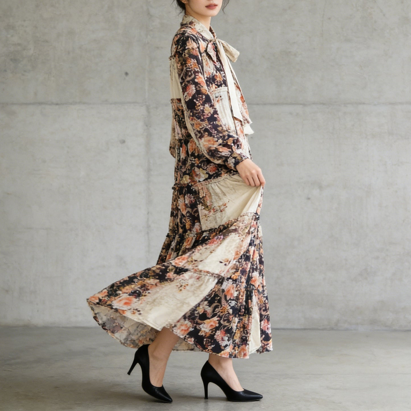 【ワンピース】プリントVネック お腹周りカバー フリル 長袖 ワンピース 【SHシリーズ】