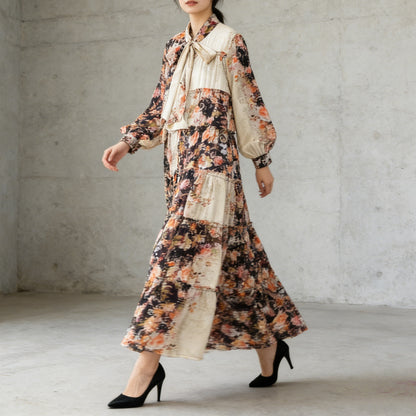 【ワンピース】プリントVネック お腹周りカバー フリル 長袖 ワンピース 【SHシリーズ】