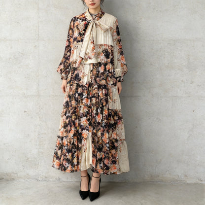 【ワンピース】プリントVネック お腹周りカバー フリル 長袖 ワンピース 【SHシリーズ】