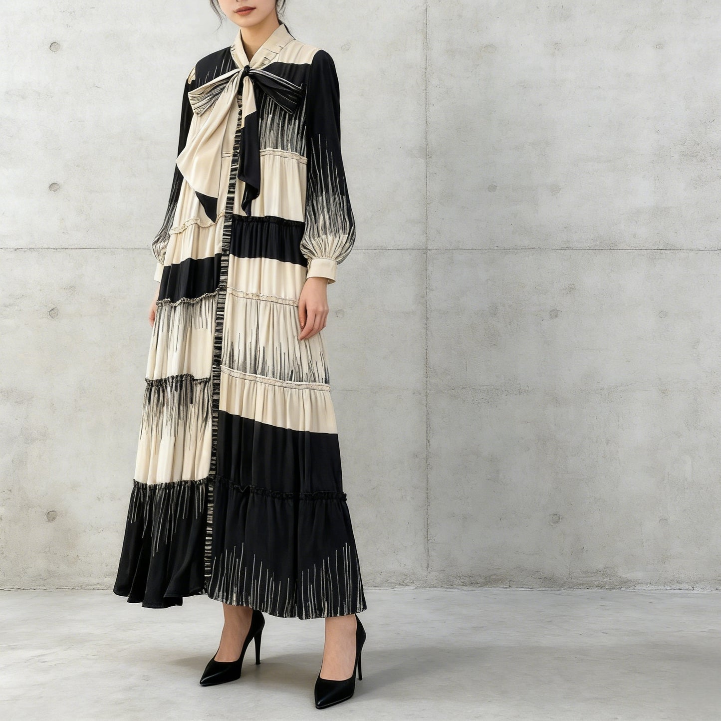 【ワンピース】プリントVネック お腹周りカバー フリル 長袖 ワンピース 【SHシリーズ】