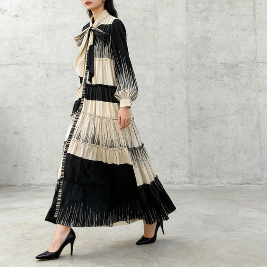 【ワンピース】プリントVネック お腹周りカバー フリル 長袖 ワンピース 【SHシリーズ】