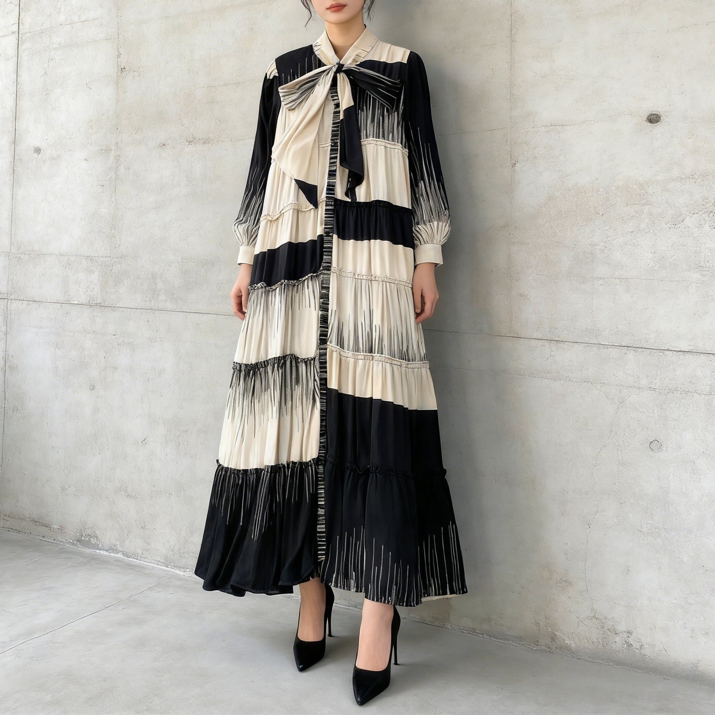 【ワンピース】プリントVネック お腹周りカバー フリル 長袖 ワンピース 【SHシリーズ】