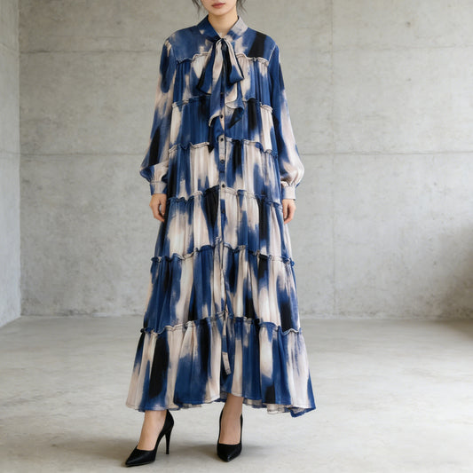 【ワンピース】プリントVネック お腹周りカバー フリル 長袖 ワンピース 【SHシリーズ】