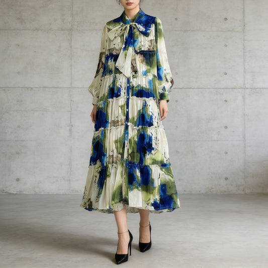 【ワンピース】プリントVネック お腹周りカバー フリル 長袖 ワンピース 【SHシリーズ】