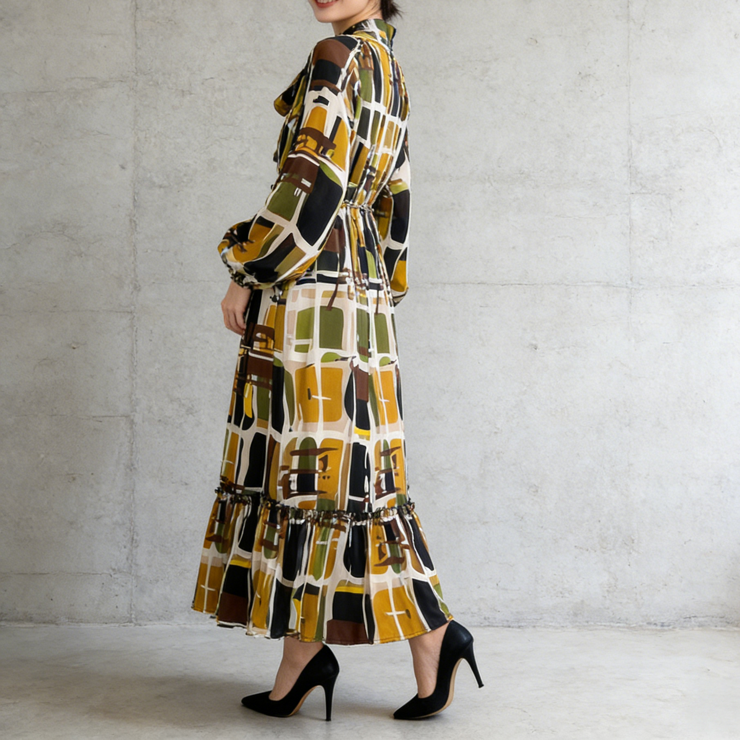 【60%OFF⭐️早い者勝ち】【ワンピース】リボン ウエストマーク Aライン フレア フリル プリント 長袖 ワンピース 【SHシリーズ】