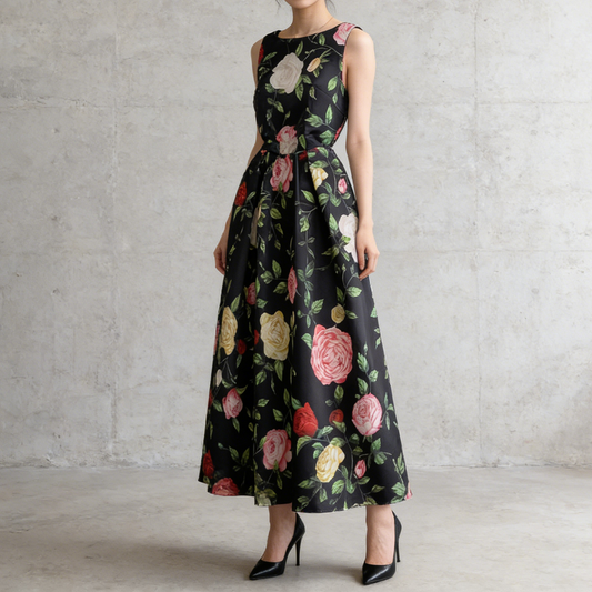 ✨パーティー・お呼ばれ【ワンピース】 花柄ノースリーブワンピース ウエストマーク フレアロングドレス【SHシリーズ】