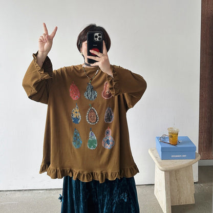【トップス】韓国風 レディース フリルデザインロンT 花柄プリント 長袖 レトロスタイル【FCシリーズ】