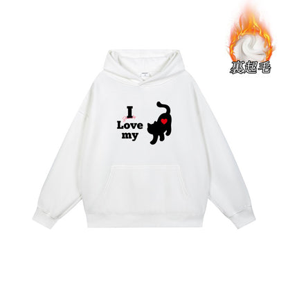 全7色【トップス】🐱猫プリント フード付き スウェット ユニセックス 秋冬 ゆったり かわいい パーカー【FCシリーズ】