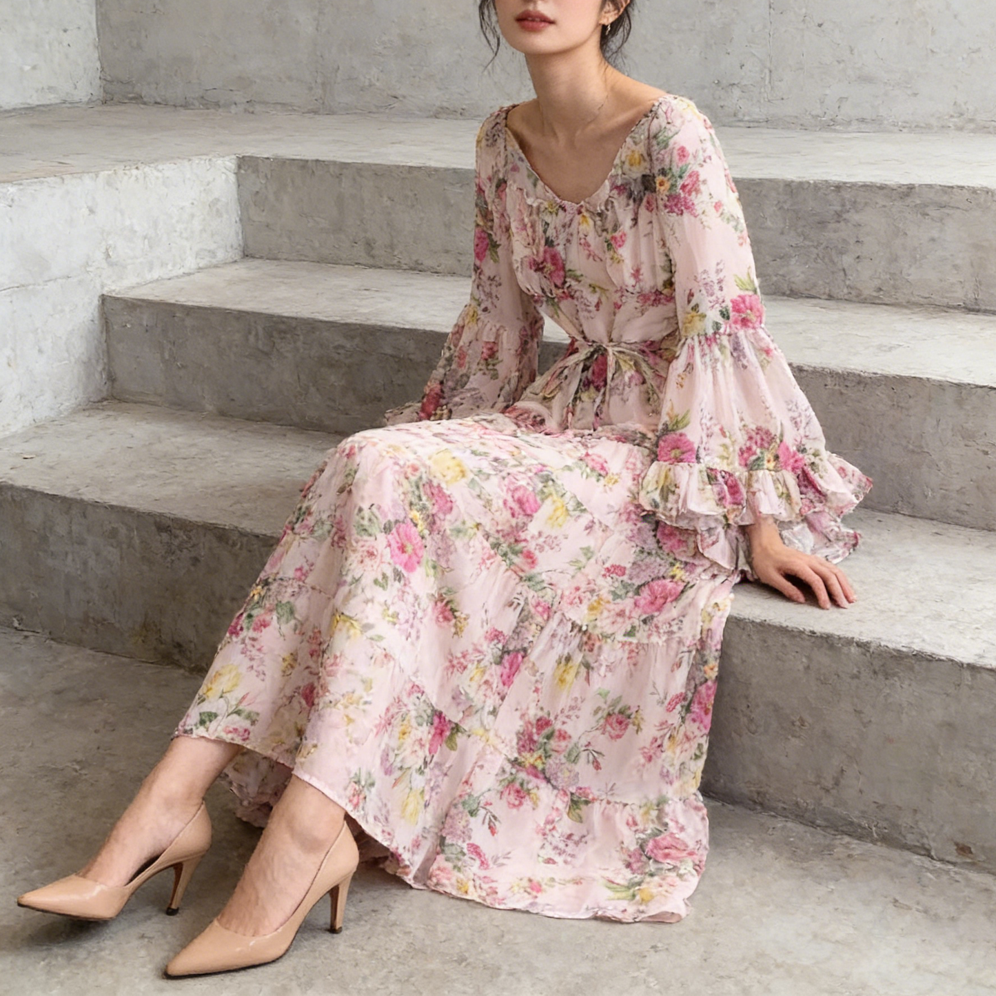 【ワンピース】褒められ確定！フレンチ小衆 長袖 プリントロングワンピース｜シフォン＆ベルスリーブ【SHシリーズ】