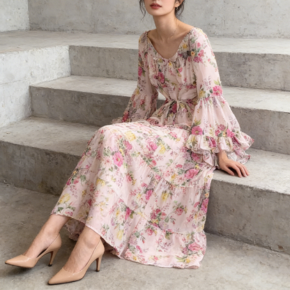 【ワンピース】褒められ確定！フレンチ小衆 長袖 プリントロングワンピース｜シフォン＆ベルスリーブ【SHシリーズ】