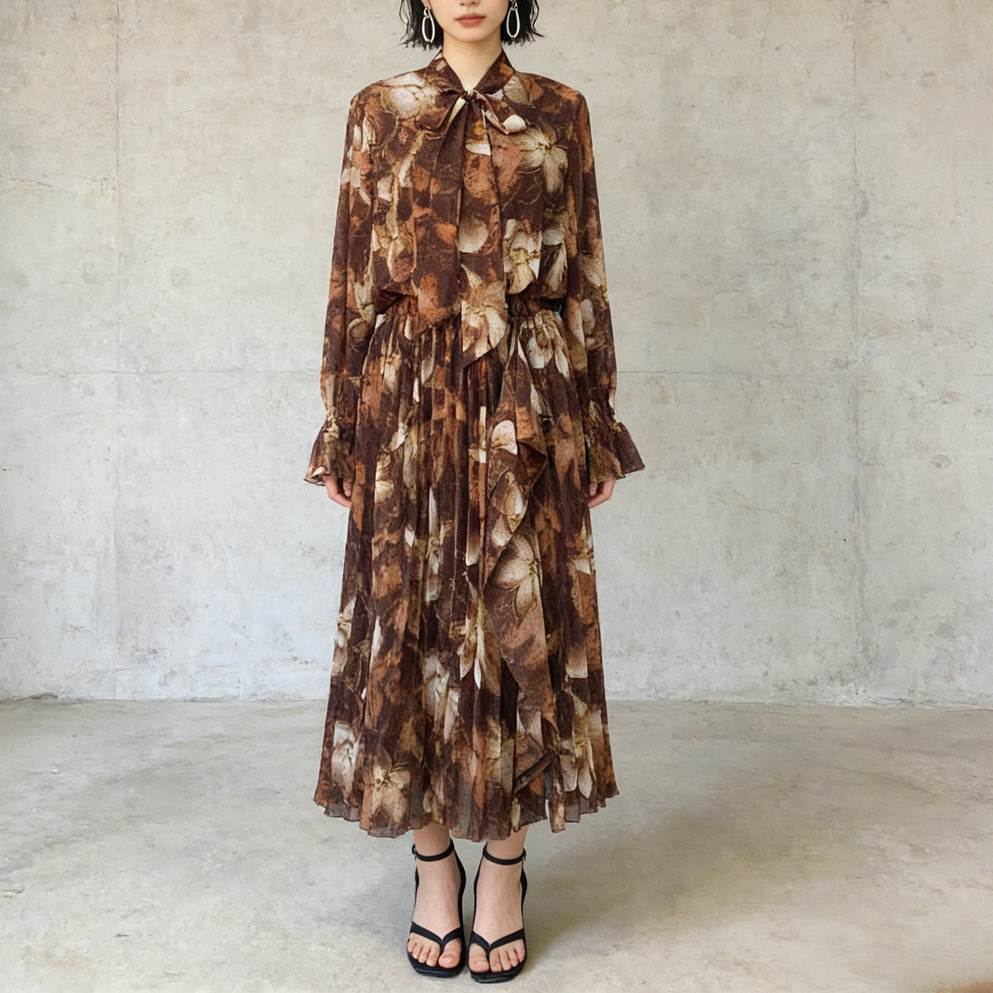 期間限定⭐️60%OFF【ワンピース】リボン付き シフォン ハイウエスト 小花柄 長袖 ワンピース 【SHシリーズ】