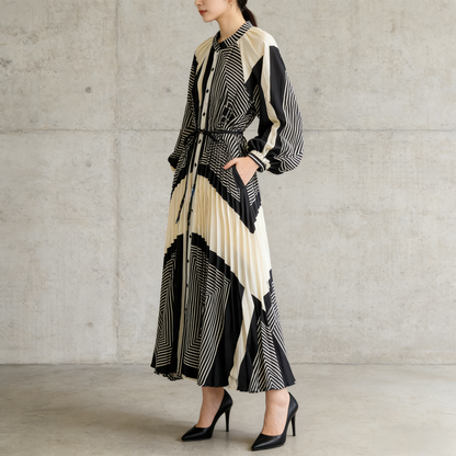 【ワンピース】ラウンドネック サテン プリント プリーツ 長袖 ワンピース 【SHシリーズ】