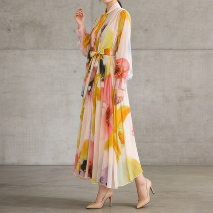 【ワンピース】フレンチエレガンス 気質 レディース シフォン 長袖ワンピース 蝶結びネック フレア 大人可愛い【SHシリーズ】