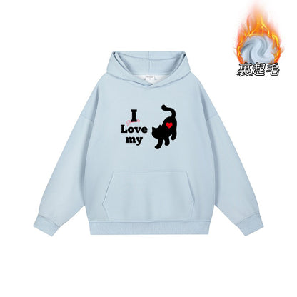 全7色【トップス】🐱猫プリント フード付き スウェット ユニセックス 秋冬 ゆったり かわいい パーカー【FCシリーズ】