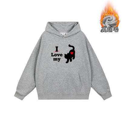 全7色【トップス】🐱猫プリント フード付き スウェット ユニセックス 秋冬 ゆったり かわいい パーカー【FCシリーズ】