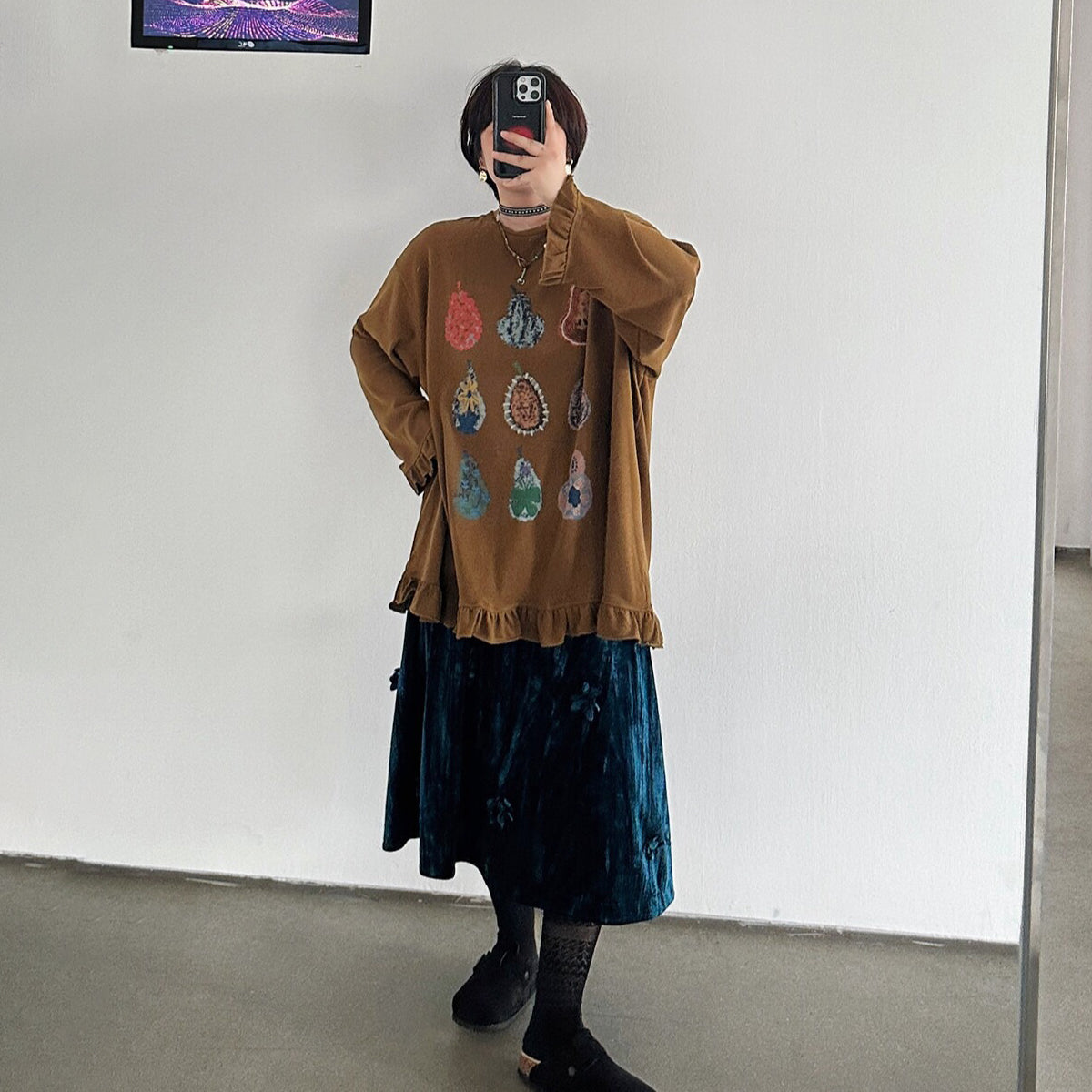 【トップス】韓国風 レディース フリルデザインロンT 花柄プリント 長袖 レトロスタイル【FCシリーズ】