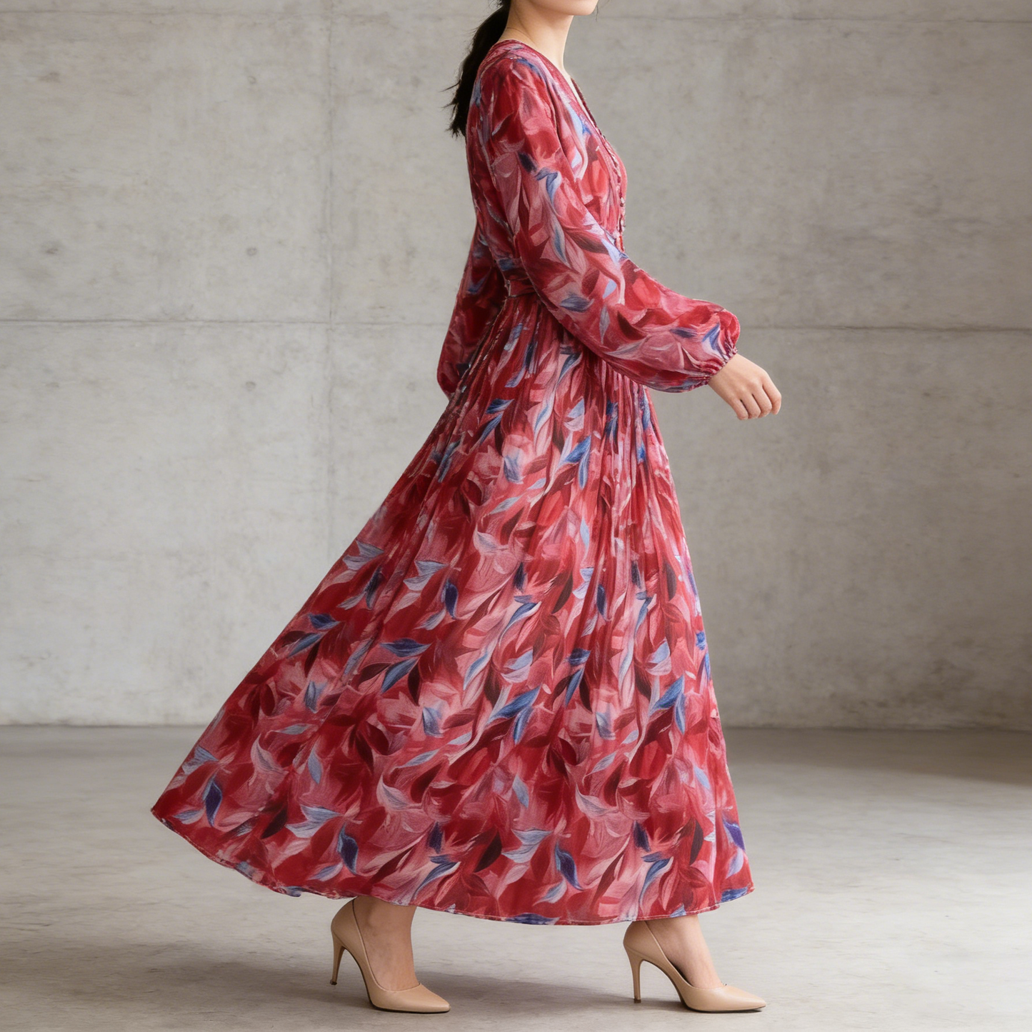 【ワンピース】大人フェミニン♡フレンチレトロ 長袖 花柄ワンピース｜ウエストマーク＆パフスリーブで細見え【SHシリーズ】