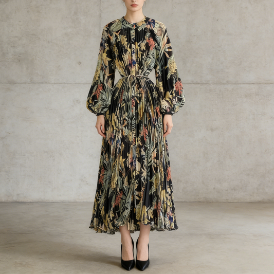 【ワンピース】ラウンドネック サテン プリント プリーツ 長袖 ワンピース 【SHシリーズ】