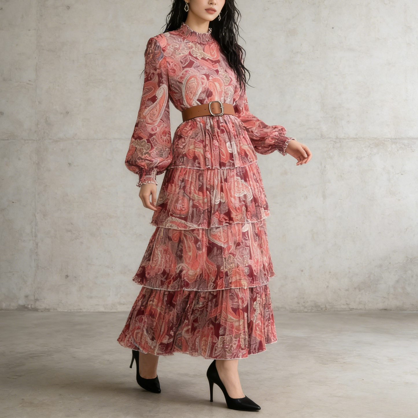 【ワンピース】ボリュームスリーブ プリント ウエスト切り替え ふんわり フレア 長袖 ワンピース 【SHシリーズ】