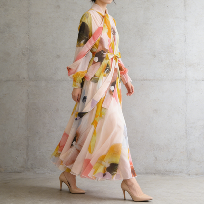 【ワンピース】フレンチエレガンス 気質 レディース シフォン 長袖ワンピース 蝶結びネック フレア 大人可愛い【SHシリーズ】