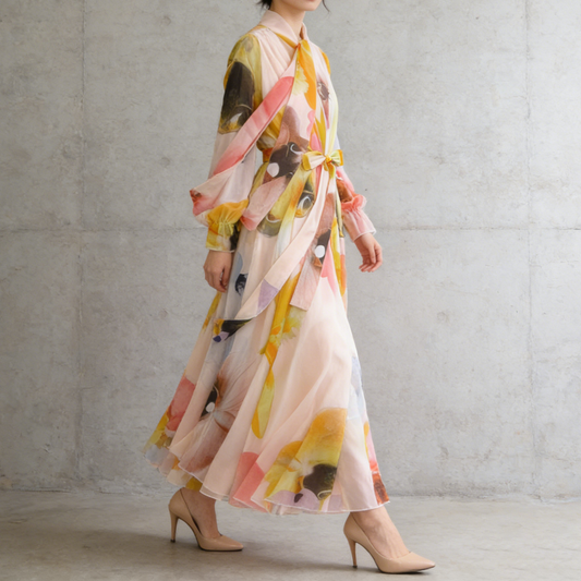 【ワンピース】フレンチエレガンス 気質 レディース シフォン 長袖ワンピース 蝶結びネック フレア 大人可愛い【SHシリーズ】