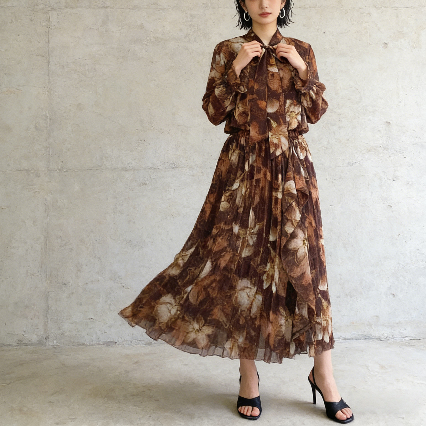 期間限定⭐️60%OFF【ワンピース】リボン付き シフォン ハイウエスト 小花柄 長袖 ワンピース 【SHシリーズ】