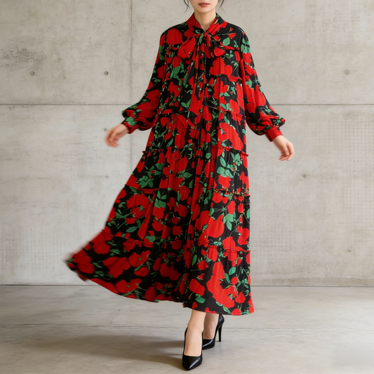 【ワンピース】プリントVネック お腹周りカバー フリル 長袖 ワンピース 【SHシリーズ】