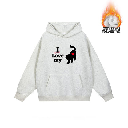 全7色【トップス】🐱猫プリント フード付き スウェット ユニセックス 秋冬 ゆったり かわいい パーカー【FCシリーズ】