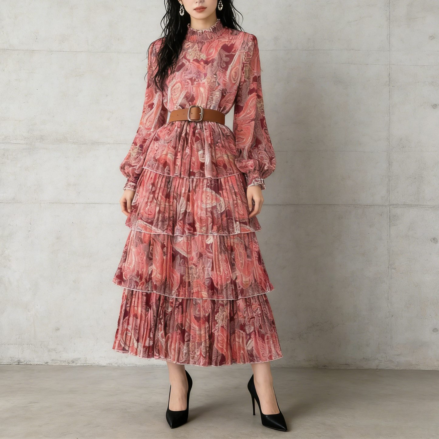 【ワンピース】ボリュームスリーブ プリント ウエスト切り替え ふんわり フレア 長袖 ワンピース 【SHシリーズ】