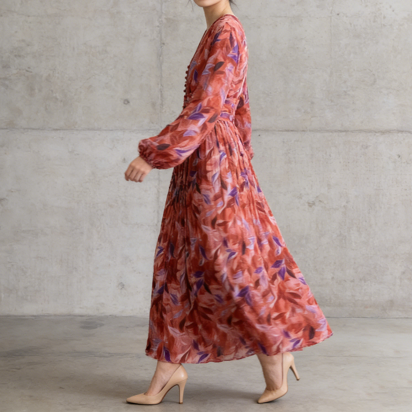 【ワンピース】大人フェミニン♡フレンチレトロ 長袖 花柄ワンピース｜ウエストマーク＆パフスリーブで細見え【SHシリーズ】