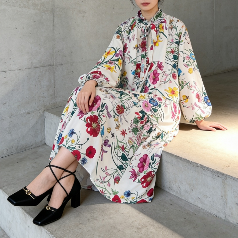 【60%OFF⭐️早い者勝ち】【ワンピース】クラシカル バルーンスリーブ フレンチ リボン付き 花柄 プリント 長袖 ワンピース【SHシリーズ】