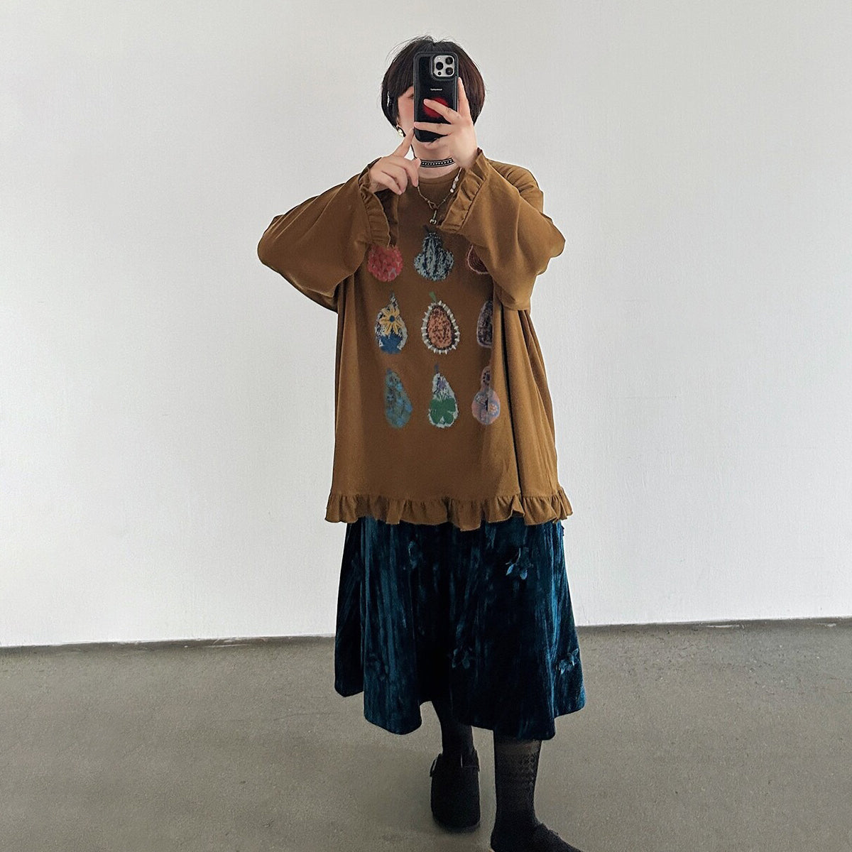 【トップス】韓国風 レディース フリルデザインロンT 花柄プリント 長袖 レトロスタイル【FCシリーズ】
