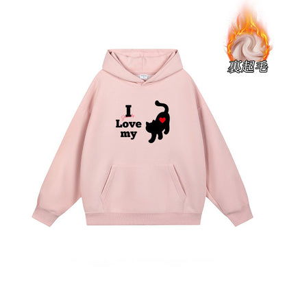 全7色【トップス】🐱猫プリント フード付き スウェット ユニセックス 秋冬 ゆったり かわいい パーカー【FCシリーズ】