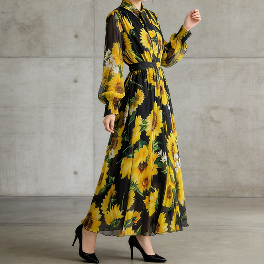 【ワンピース】ひまわり柄🌻 フレンチエレガンス 気質 レディース シフォン 長袖ワンピース 蝶結びネック フレア 大人可愛い【SHシリーズ】