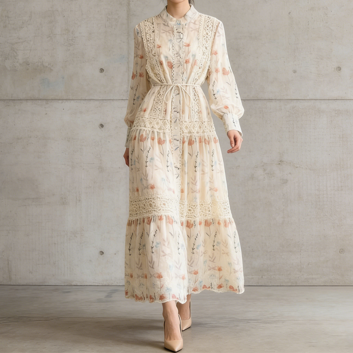 【ワンピース】主役級ワンピ✨ 春の贅沢レース 刺繍ドレス 長袖ワンピース｜ウエストマークで驚きのスタイルアップ【SHシリーズ】